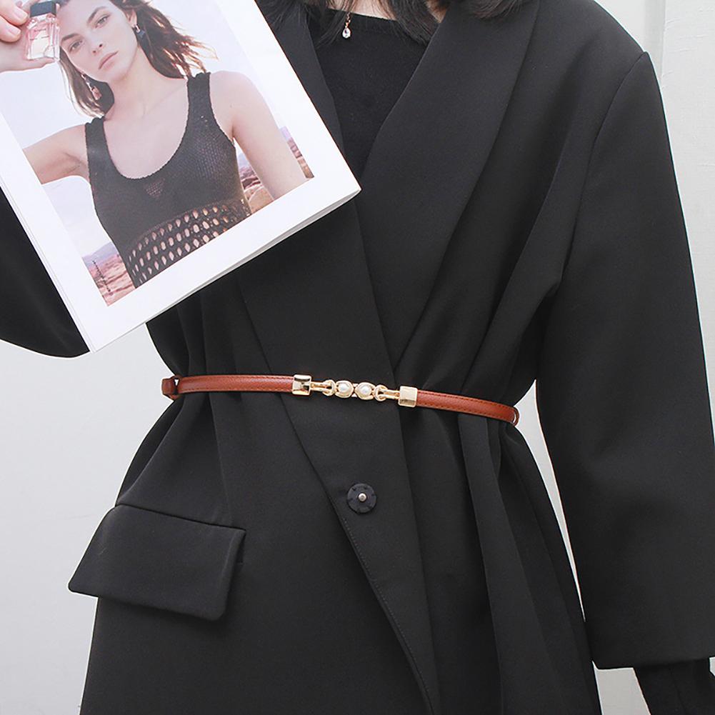 Универсальный пояс с пряжкой из сплава и жемчугом, повседневный регулируемый тонкий пояс из искусственной кожи, пояс для юбки и куртки, пояс с украшением на талию