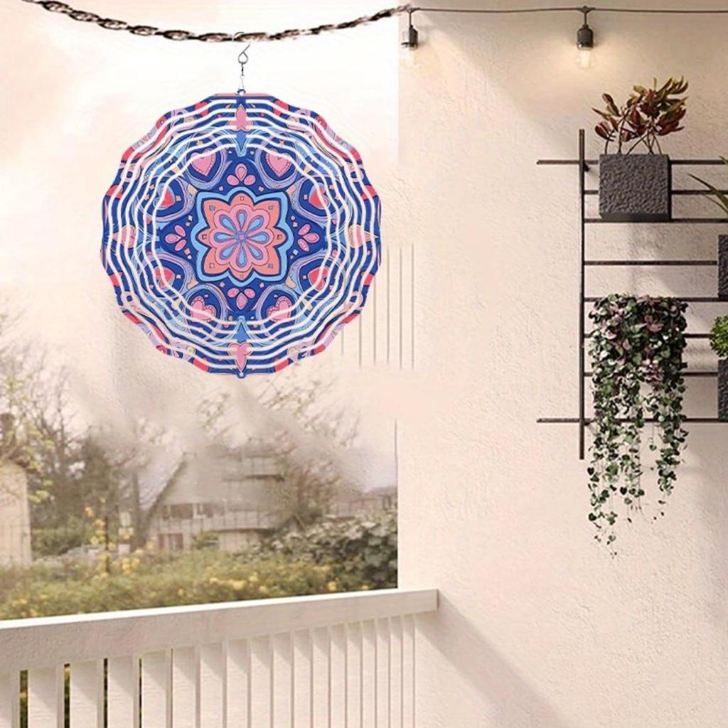 Blue & Pink Heart Mandala Wind Chime - Vibrant Metal Garden Decoration with 360° Hook, Ideal for Spring & Summer, Perfect Gift for Friends and Family