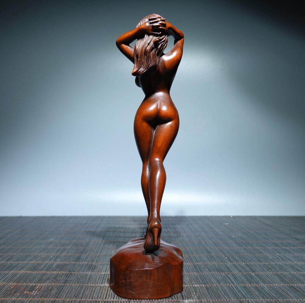 Chinese Boxwood Wood Carving Sexy Beautiful Woman Statue Wooden Sculpture Decor
