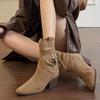 Fashion Woman Suede Boots Fashion Slip On Ladies Elegant Square Heel Retro Pointed Toe Women's Mid Calf Boots Shoes Winter Footwear 9