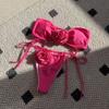 Solid Color Rose Tube Top Drawstring Strap Split Swimsuit Bikini