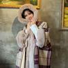 Thickened Warm Shawl Cloak Retro Plaid Hooded Large Fur Collar Coat Women's Clothing