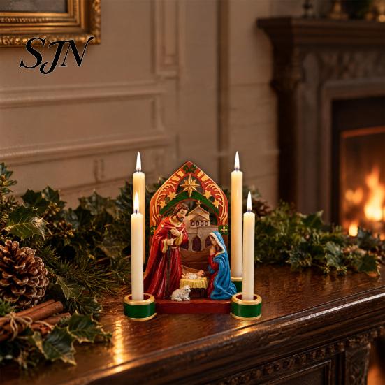 Unique Religious Christmas Gifts Nativity Scene Candle Holder, Holy Family Manger Figurine with 4 Exquisite Sculptures Slots, Vintage Candlestick for