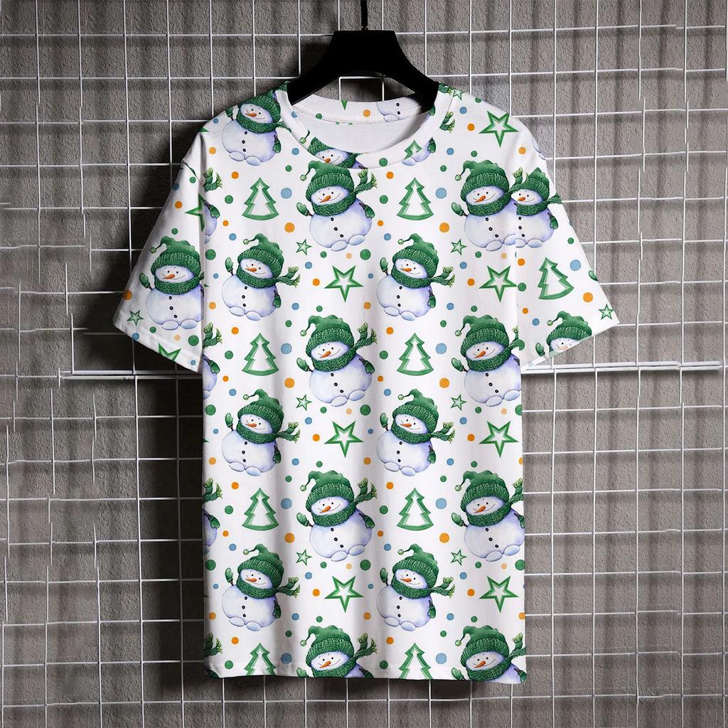 Santa Claus Print T Shirt For Men Cartoon Snowman Pattern Short Sleeve Loose Top Casual O-neck Boys and Girls Tee X'mas Clothing