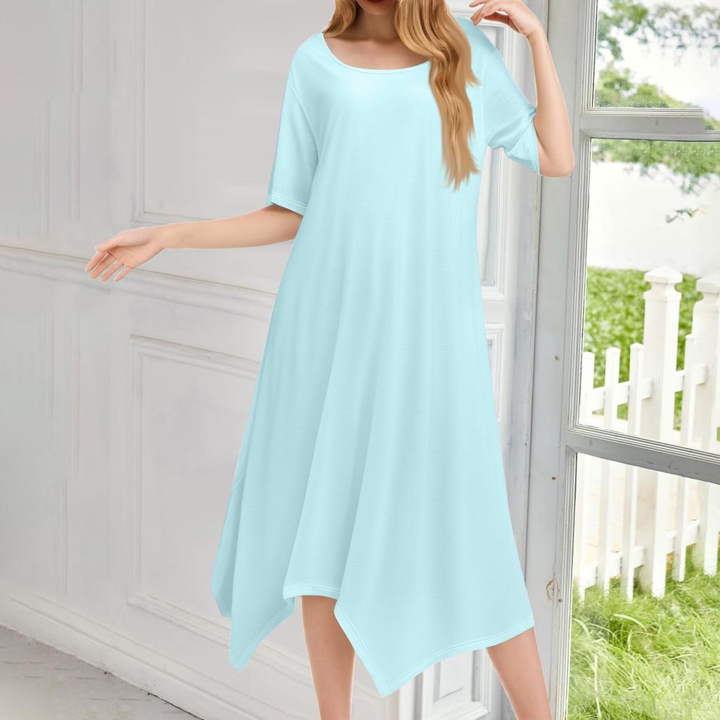 Женское повседневное модное платье миди с круглым вырезом и коротким рукавом, однотонное, с неровным подолом