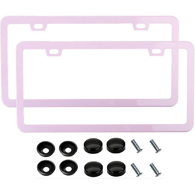 Fashion Super Slim Matte Cherry Blossom Pink License Plate Frames,Stainless Steel License Plate Holders,Weather Proof License Plate Cover For Women(2