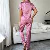 Women's Satin Short Sleeve Top and Long Pants Casual Comfort Pajama Loungewear with Heart Print Lounge Set Nightwear