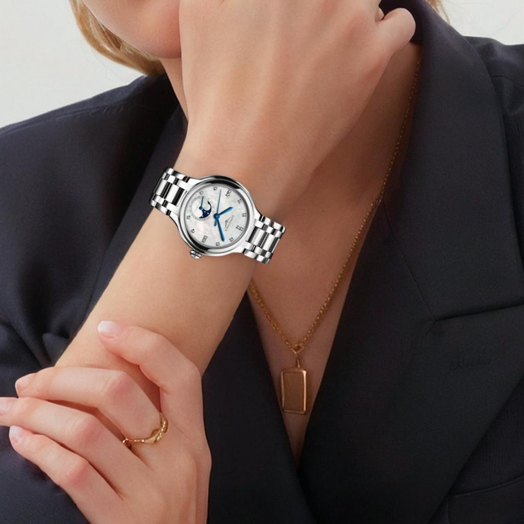 Longines Автоматический механический механизм серии Xinyue, водонепроницаемость 30 метров, швейцарские часы, 34 мм, перламутровый циферблат, стальной ремешок, L8.126.4.87.6