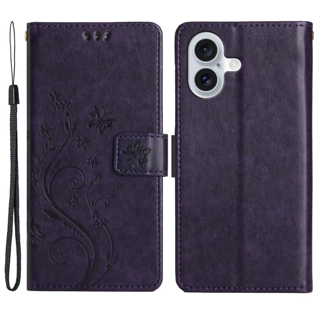 For iPhone 16 Plus Case Wallet PU Leather Butterfly Floral Phone Cover with Strap