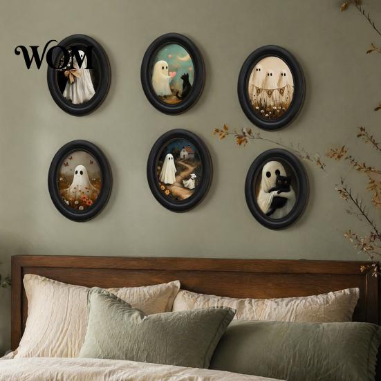 Holiday Gift for Art Lovers Halloween Gothic Oval Wooden Hanging Plaque, Vintage Black Cat Ghost Wall Waterproof Wood Decor Sign, Retro Decorative