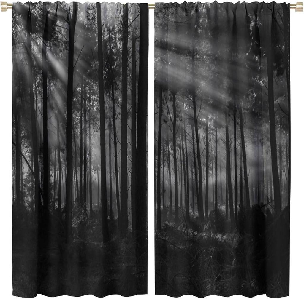 Gothic Dark Misty Forest Curtains, Mysterious Horror Foggy Dim Dead Jungle Under Strange Bright Moon,Thermal Insulation Blackout
