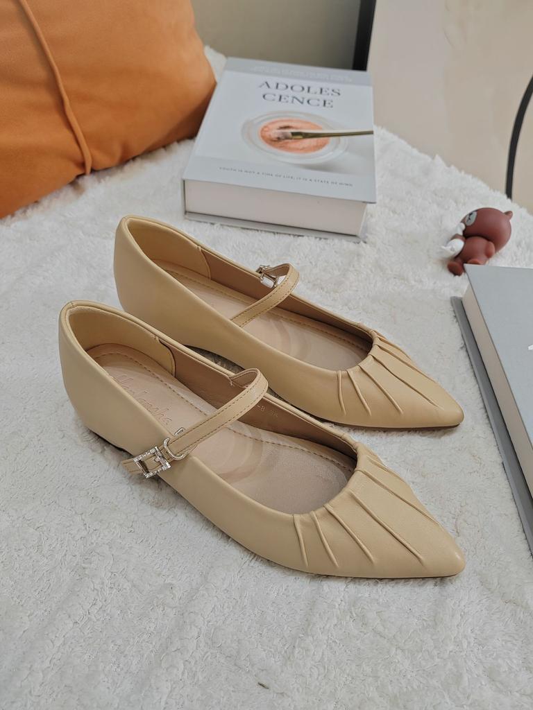 Inner Height Increase Summer New Women's Shoes Versatile and Popular Retro Temperament One-word Pleated Pointed Single Shoes Small Size Shoes