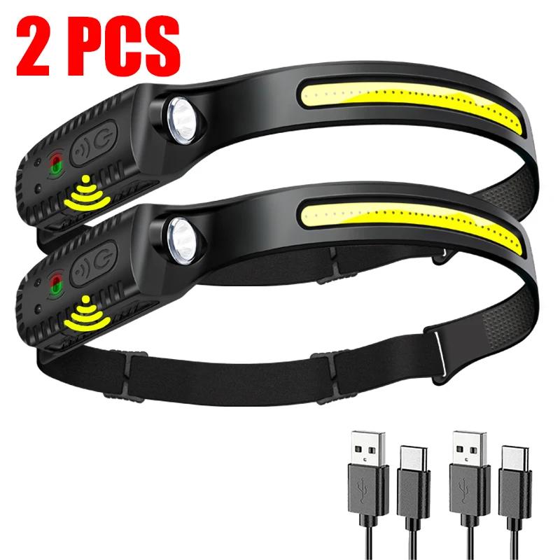 Светодиодный налобный фонарь с датчиком COB, USB-перезаряжаемый фонарь со встроенным аккумулятором, 5 режимов освещения, Налобный фонарь, Наружный, Аварийный, Рабочий фонарь