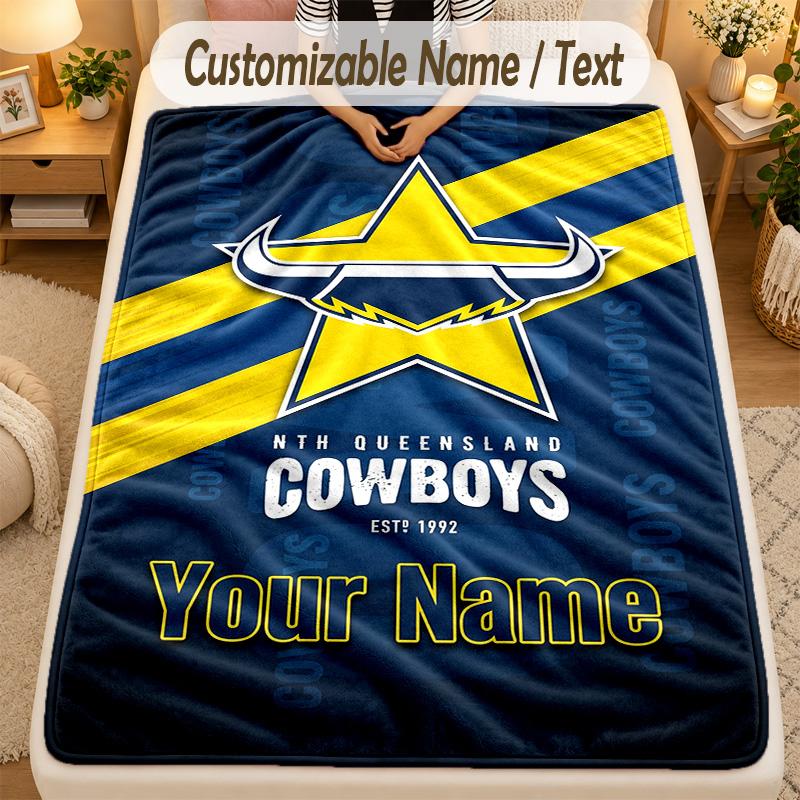 Flannel BlanketNorth Queensland Cowboys Custom Name Text Personalized Soft Warm Throw Blanket Home Decor Gift