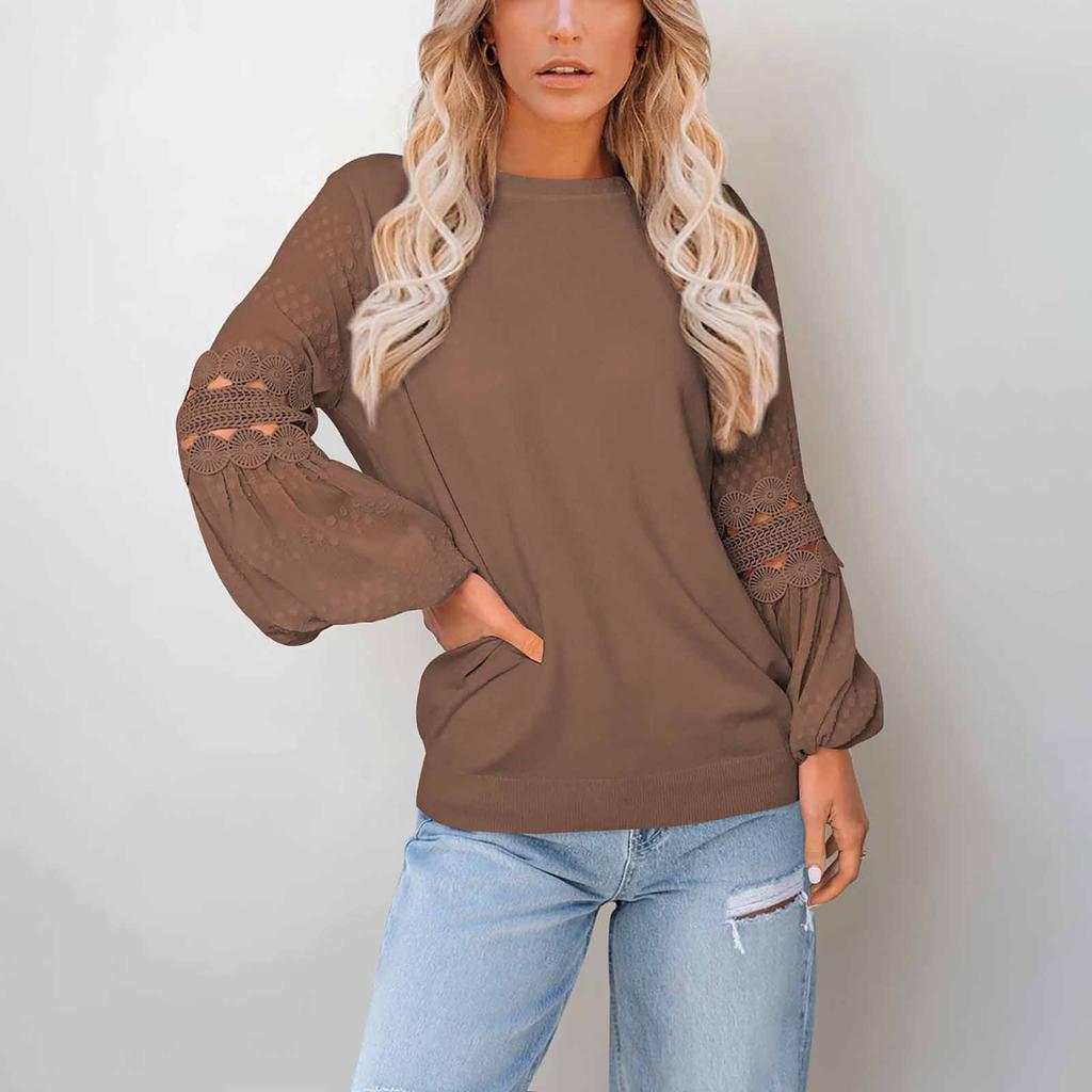 Женская однотонная модная футболка с длинными рукавами и круглым вырезом, топ, темперамент, универсальная футболка с рукавами