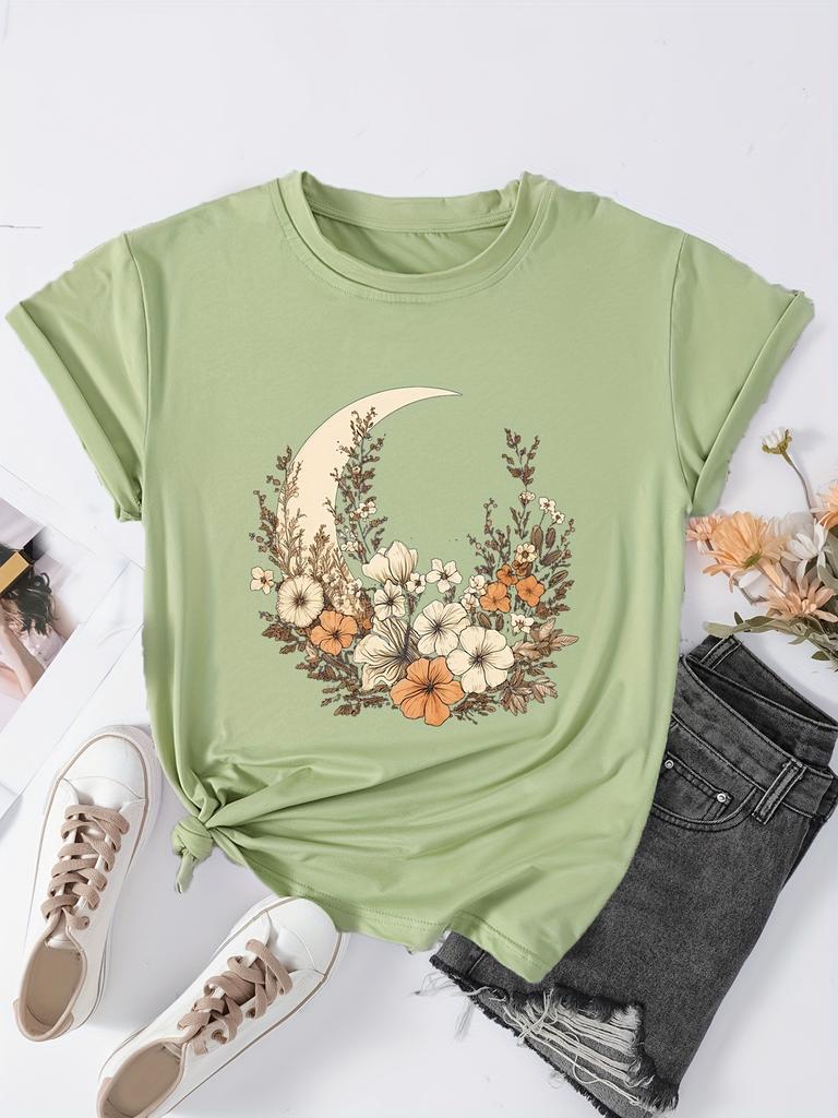 Футболка большого размера, женская, с цветочным принтом и лунным принтом, с коротким рукавом, круглым вырезом, слегка эластичный топ