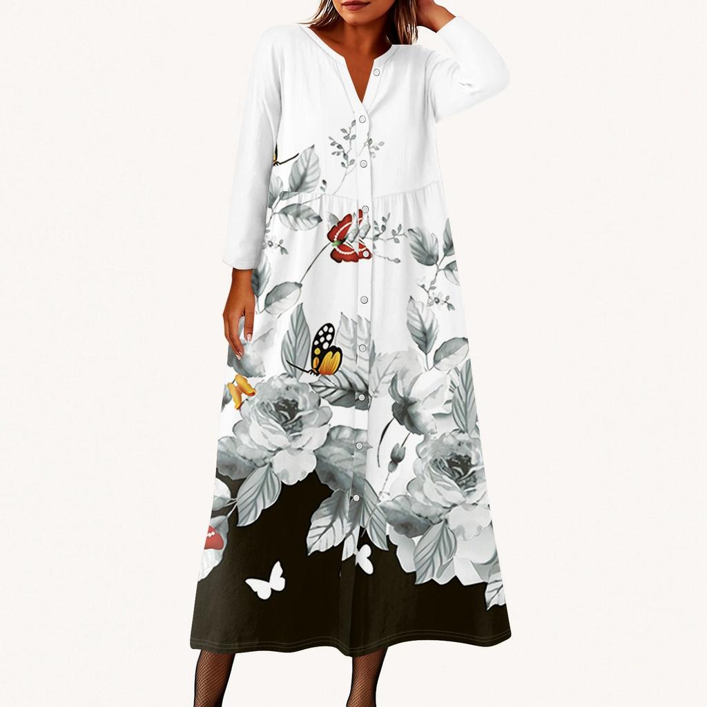 Женское модное платье-рубашка свободного кроя с принтом, круглым вырезом и рукавами семь четвертей на пуговицах