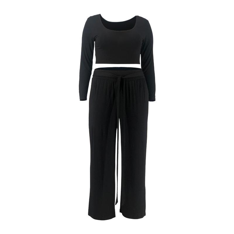 Весенне-осенний сезон, однотонный вязаный модный повседневный большой женский костюм из двух предметов