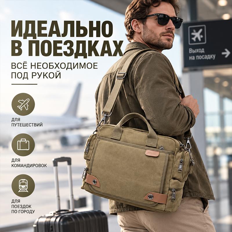 Прочная мужская сумка-мессенджер из холста для ноутбука, портфель-сумка с несколькими отделениями и съемным ремнем, винтажная сумка через плечо для офисной работы