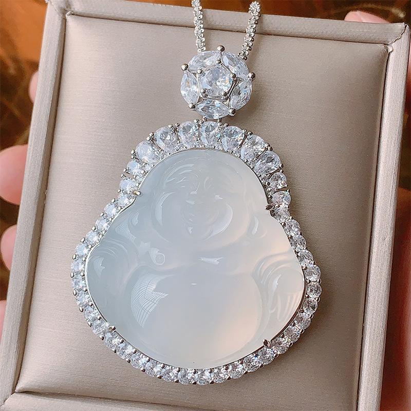 Ювелирные изделия Зеленый Халцедон Белый Халцедон Смеющийся Будда Гонг Китайские аксессуары Национальный стиль Майтрейя Ожерелье Подвеска