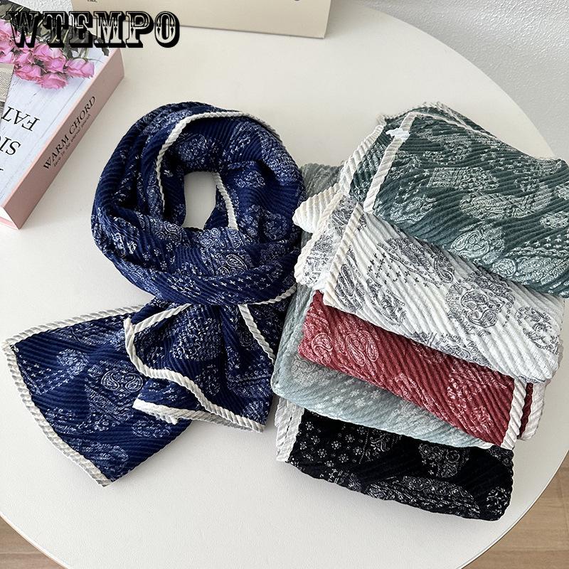 Women's Double-layer Cotton and Linen Floral Scarf Autumn and Winter Pleated Wrapped Shawl Scarf
