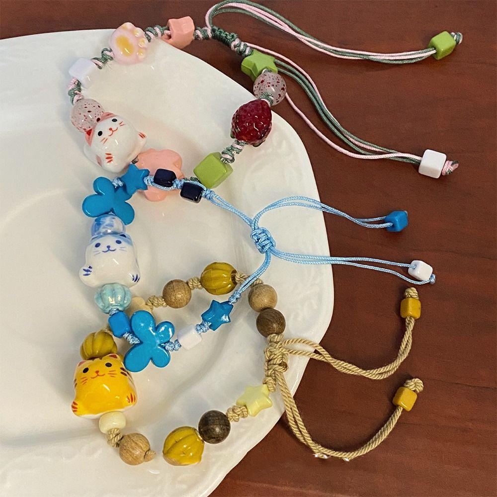 Handmade Maneki Neko Bracelet Korean Style Cat Bead Bracelet Ceramic Cat Bracelet Decoration