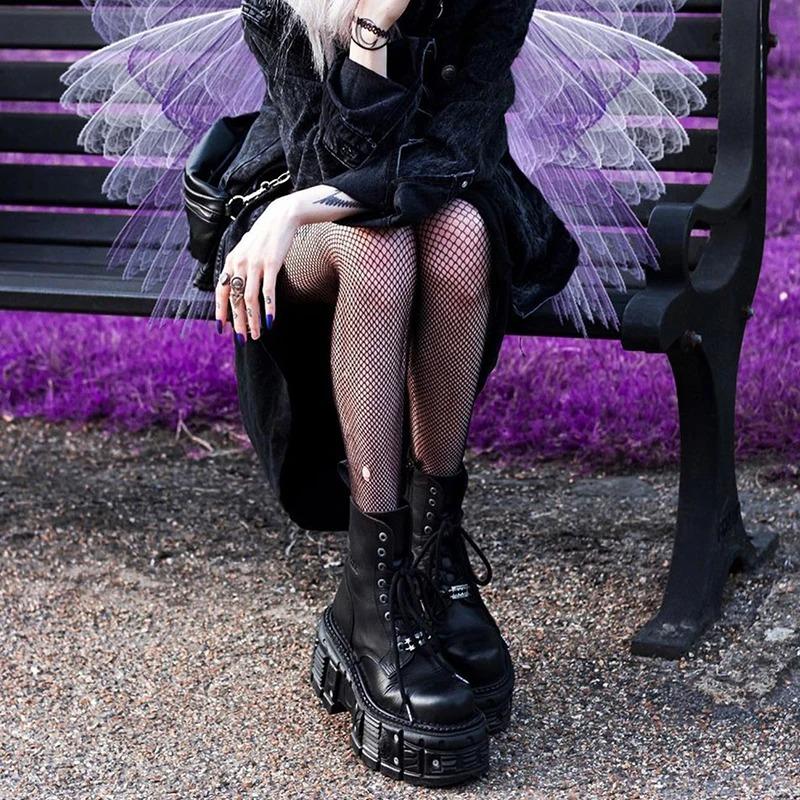 Модные женские ботинки в панк-стиле на шнуровке, на высоком каблуке, на платформе, женские готические ботильоны, рокерские ботинки, металлическая отделка, женские кроссовки 2025