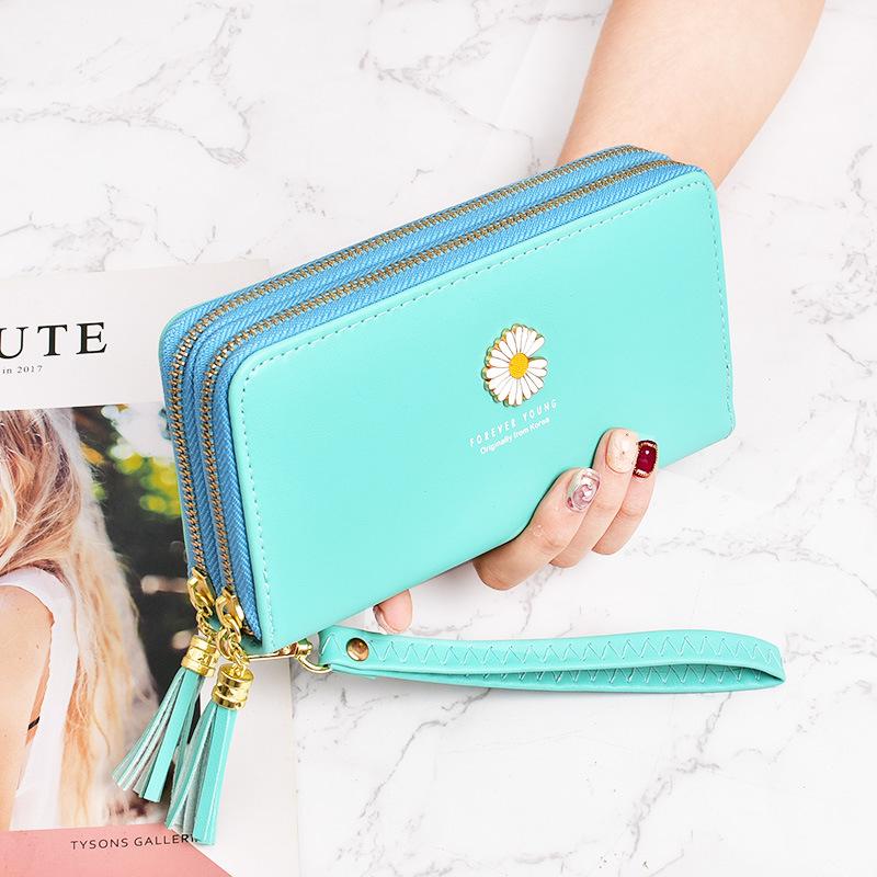 Wallet Korean version for women, long and large capacity handbag, small daisy double-layer zipper simple phone bag