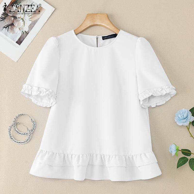 ZANZEA Женская повседневная летняя блузка с круглым вырезом и коротким рукавом