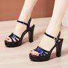 High Heeled Open Toed Sandals for Women In Summer 2025 Patent Leather Thick Heel Blue Large Size 43 Platform Shoes Women Sandals