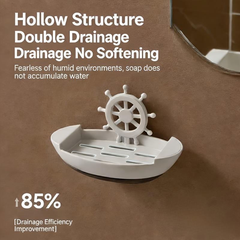 Boat Shaped Soap Dish Wall Mounted No Drill Draining Soap Tray Bathroom Storage Box