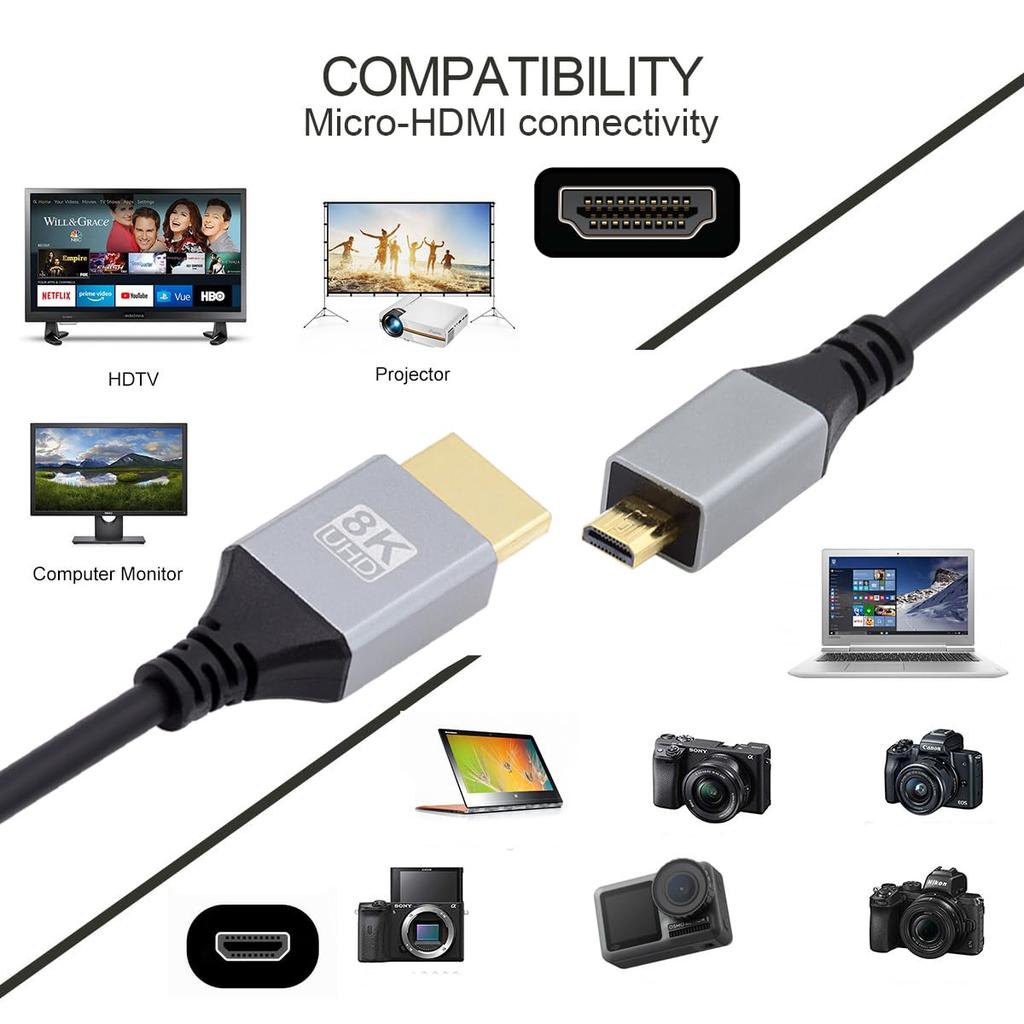 Xiwai 8K Micro HDMI HDTV To 4K Hyper Flexible Slim Cord for Cameras and HDTVs 2.1 Ultra-Thin Cable, 0.5m Type-A Type-D,