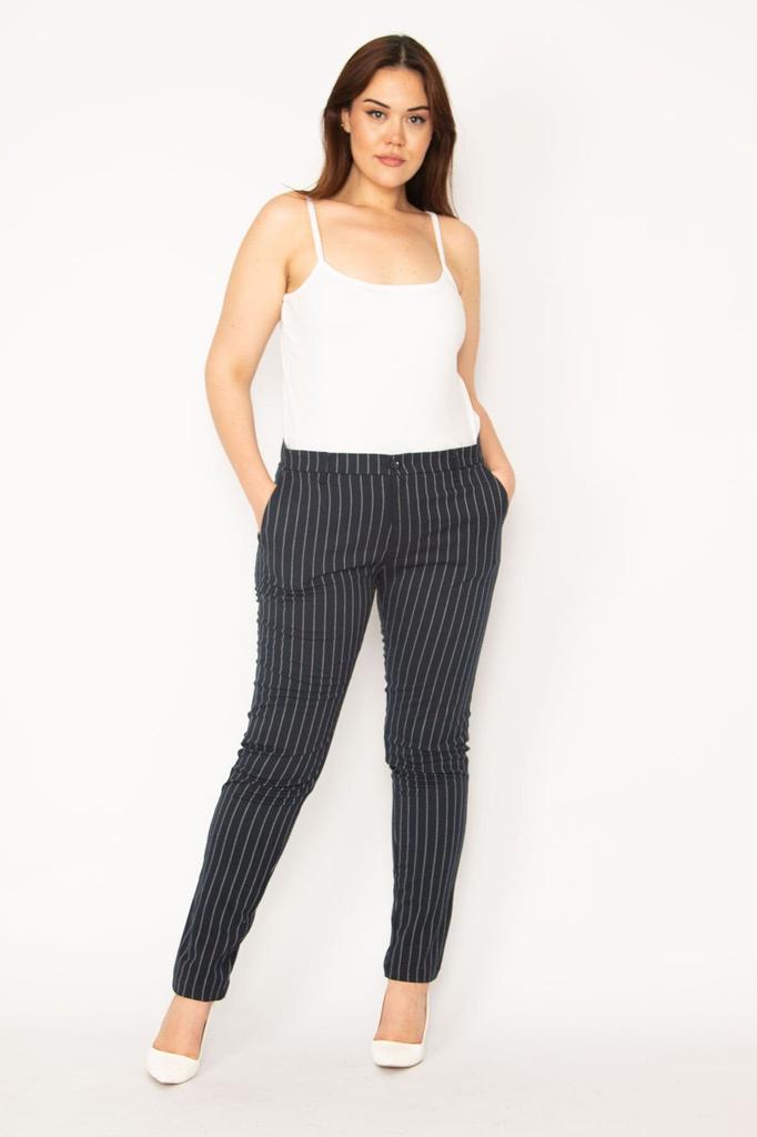 Women's Style Plus Size Pants Big Size Navy Blue Striped Classic Trousers With Side And Back Flap Pockets