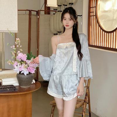 Французский пижамный костюм новый слинг ледяной шелк сексуальный костюм-тройка с длинными рукавами верхняя одежда домашняя одежда для женщин