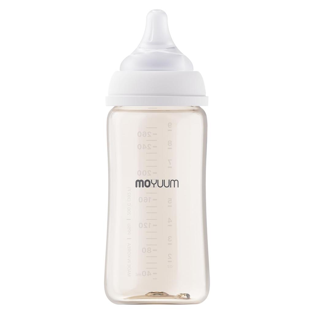 MOYUUM Plastic Baby Bottle, White, 270ml (PPSU), for Ages 3 Months and Up, Wide Neck, Round Hole, 2025 Model