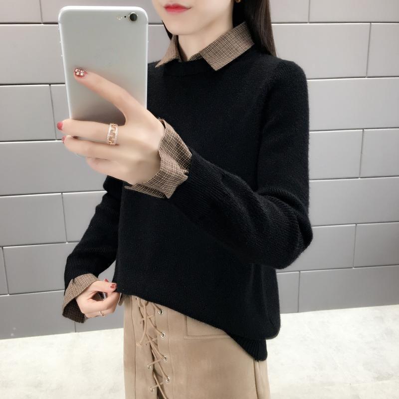 Свитер женский новый осенне-зимний свободный свитер весна корейский студенческий поддельный двухсекционный воротник-рубашка вязаный свитер