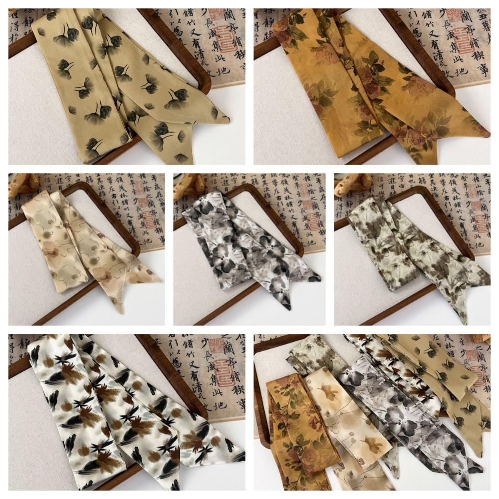 Hair Tie Long Silk Scarf Ribbon Ancient Hair Band Ancient Style Ink Painting Silk Scarf  Lady