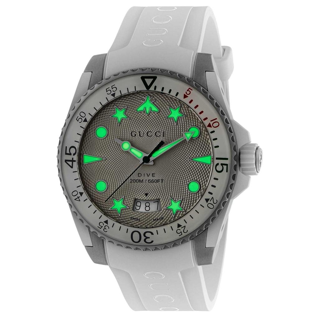 Gucci YA136337 Часы для дайвинга с серебристым циферблатом и белым каучуковым ремешком, ширина 40 мм