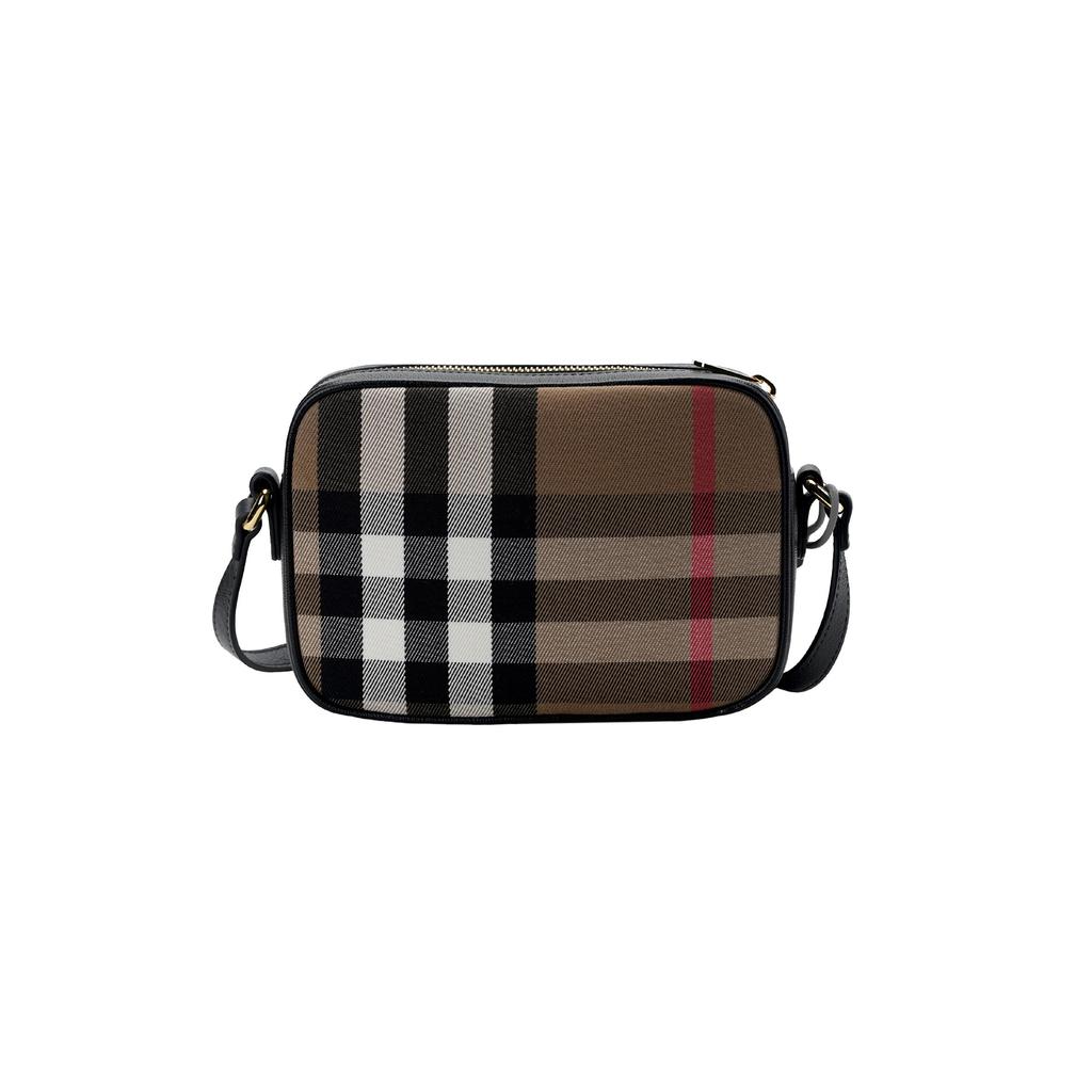 Burberry Проверьте застежку-молнию Кожаная сумка для камеры Женская сумка через плечо Коричневый Черный 80850801