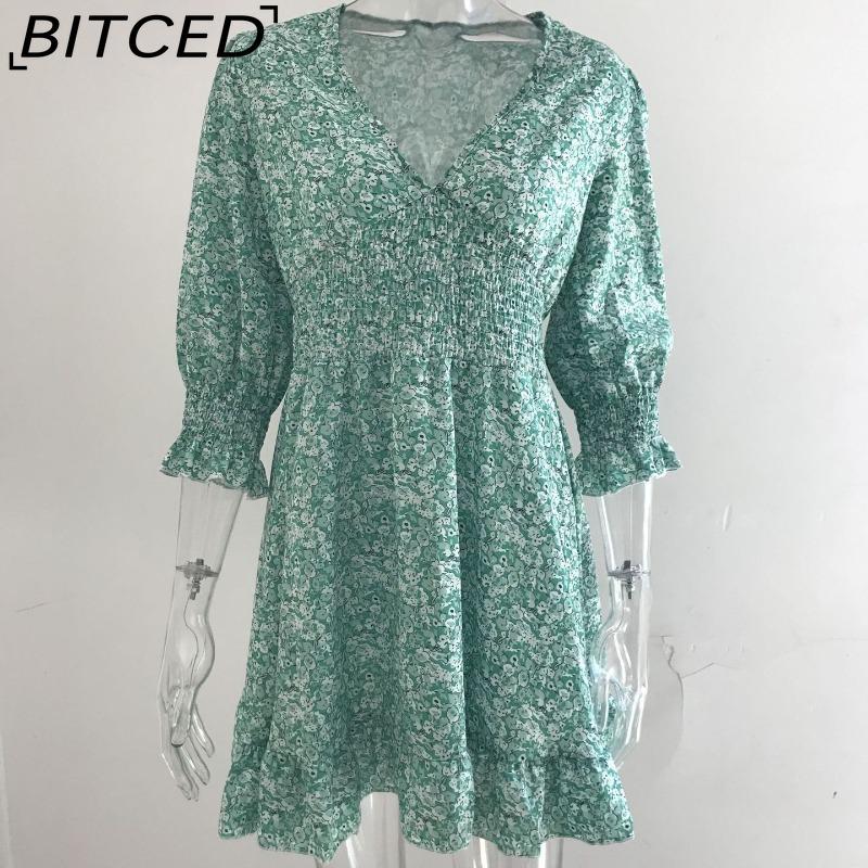 BITCED Летние мини-платья с цветочным принтом, женское винтажное сексуальное платье А-силуэта с V-образным вырезом и короткими рукавами, женское повседневное элегантное пляжное платье