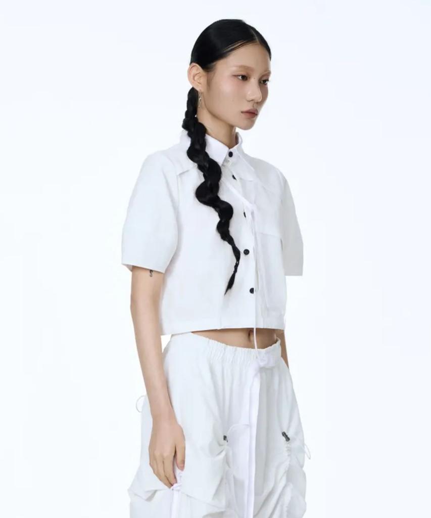 71TO96 Hanbok Fabric Collar Crop Shirt (White)