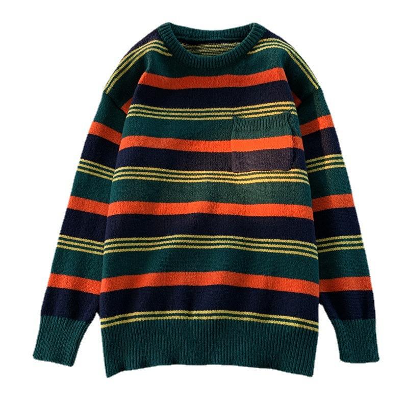 Контрастная полосатая шерстяная одежда для мужчин на осень и зиму, свободные свитера с круглым вырезом в стиле Гонконга, модные ретро-свитера в стиле кэжуал
