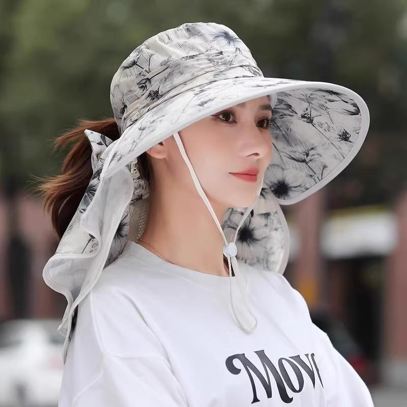 Wide-brimmed sun hat for women, summer outdoor sun protection face-shielding hat, fashionable, breathable, thin tea-picking hat, cycling hat