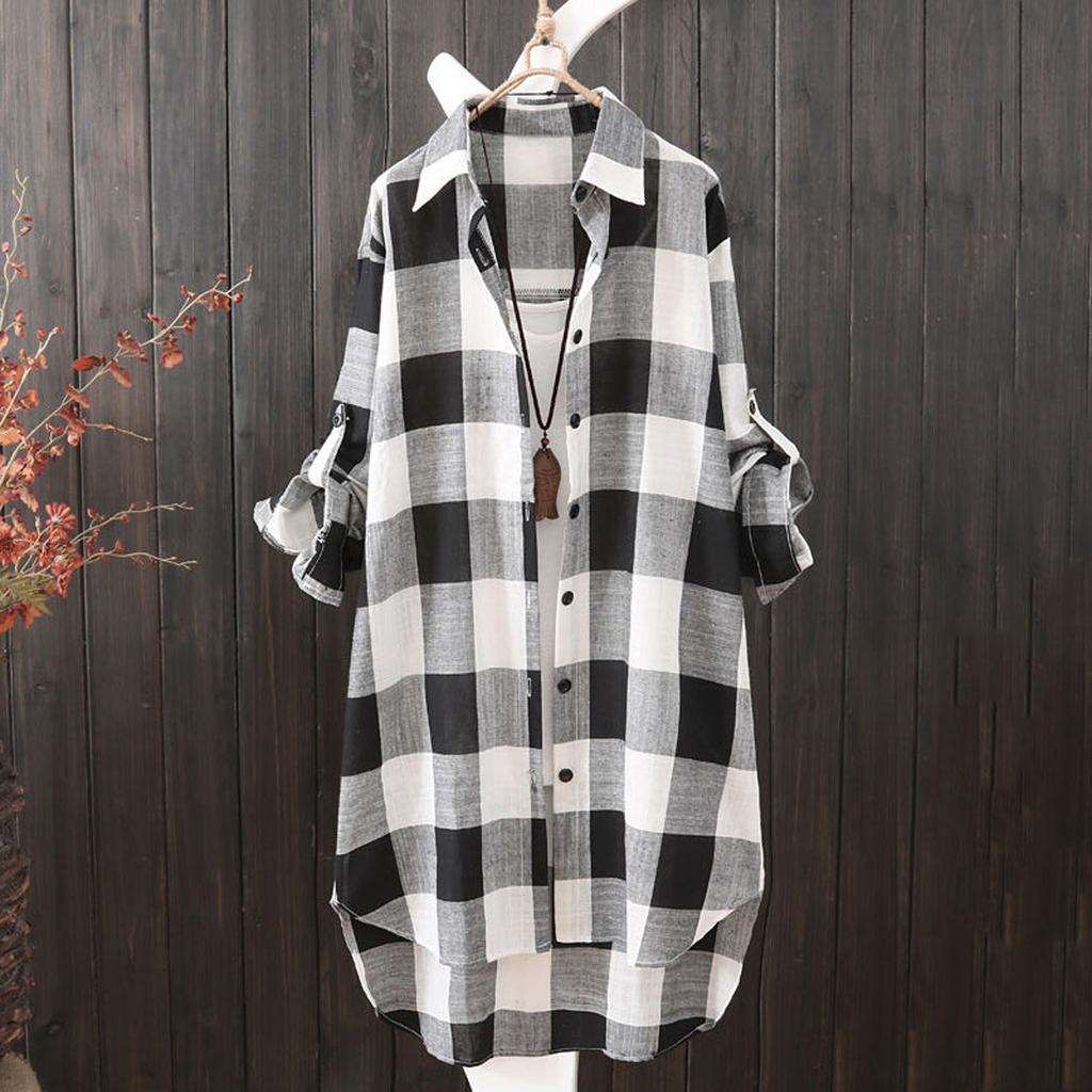 Women Casual Plaid Shirt Fashion Oversized Loose Button Outdoorwear Tunic Shirt Blouse Female Long Sleeve Beach Sun Tops