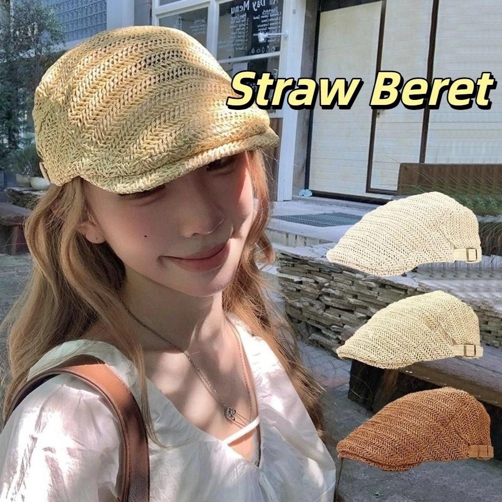 Flat Straw Beret Vacation Painter Beret Breathable Straw Newsboy Cap Unisex