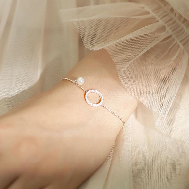 925 Sterling Silver Geometric Circle Bracelet For Women Micro Pave Zircon Pearl Chain Bracelet Jewelry Gifts S -B123