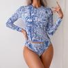 Blue & White Porcelain Palm Leaf Tankini - Tummy Control, Long Sleeve