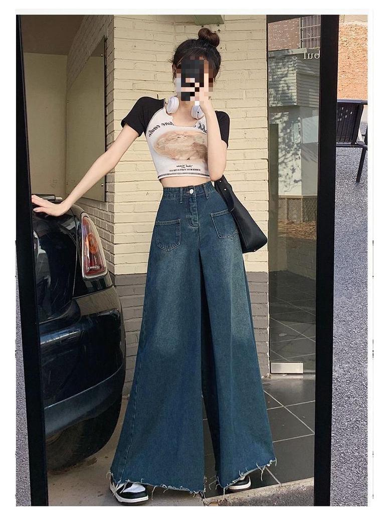 Юбка деним 2024 в стиле ретро с высокой талией и широкими штанинами с необработанными краями для весны и осени