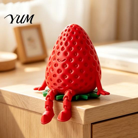 Creative Office Desk Organizer 3D Printed Articulated Strawberry Storage Box, Cute Figurine with Movable Joint Action Figure Limbs, Mini Trinket