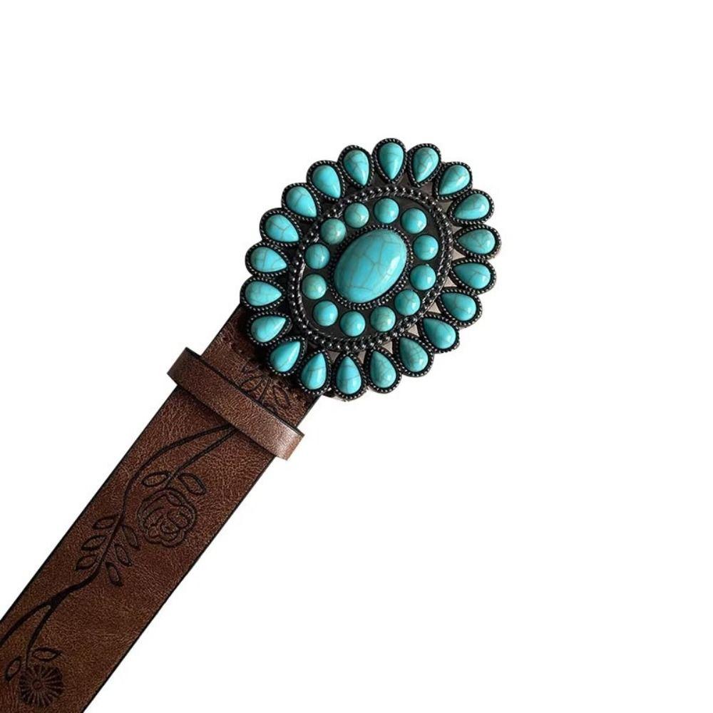 Brown Embossed Waist Belt Oval Turquoise Buckle Dress Waistband  Niche Accessories